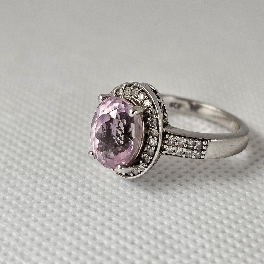 Natural Pink Kunzite & Diamond Ring in Platinum Over Sterling Silver Sz 7! - Picture 6 of 9